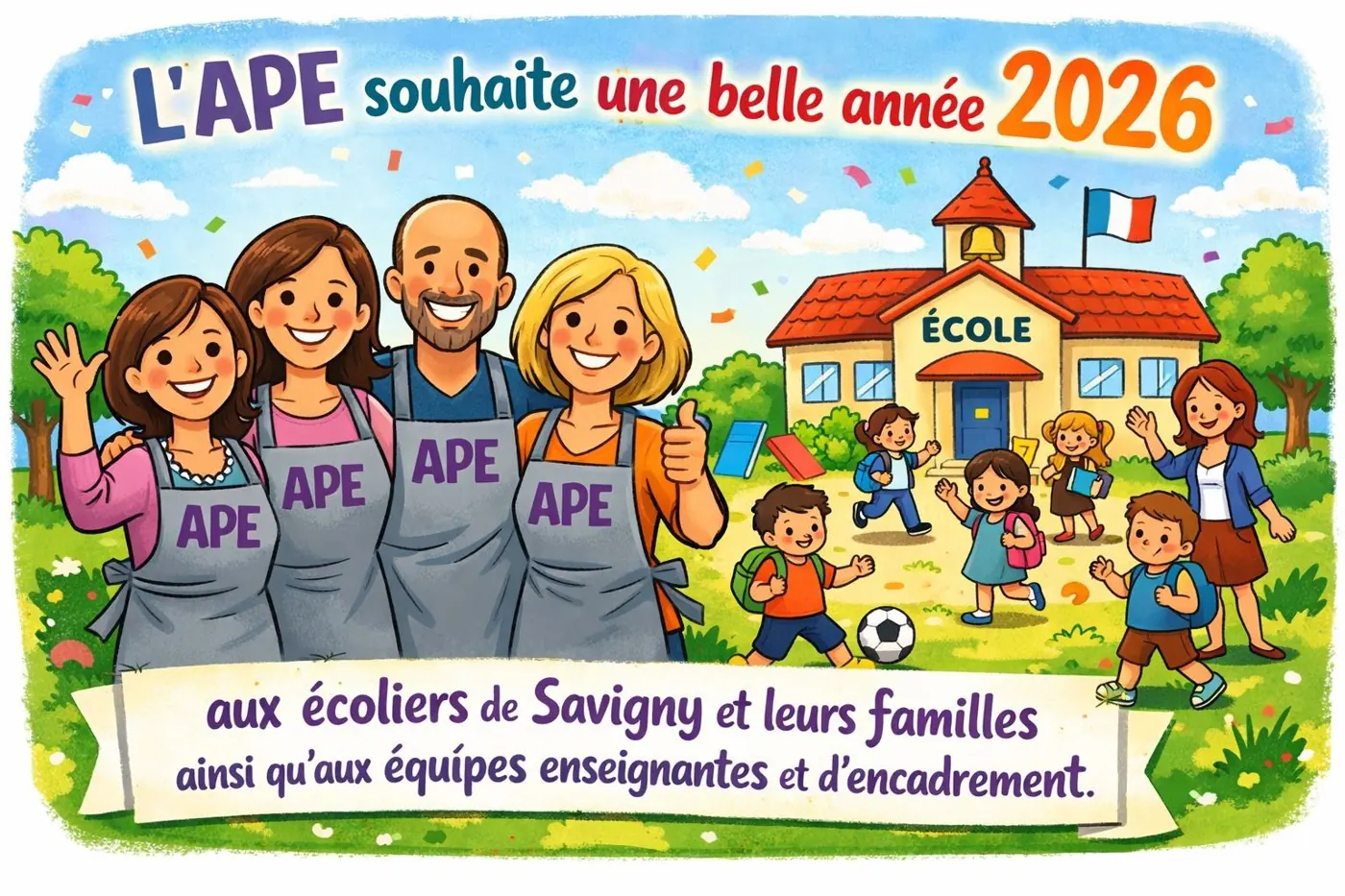 Illustration : des parents de l'APE en tablier devant l'école, entourés d'enfants qui jouent.