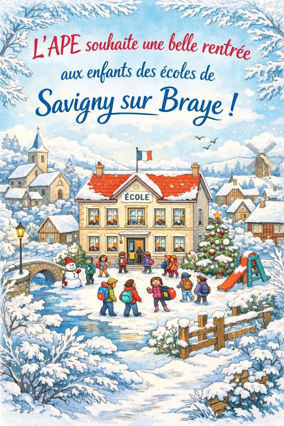 Illustration : l'école du village sous la neige, avec des enfants qui jouent dans la cour.